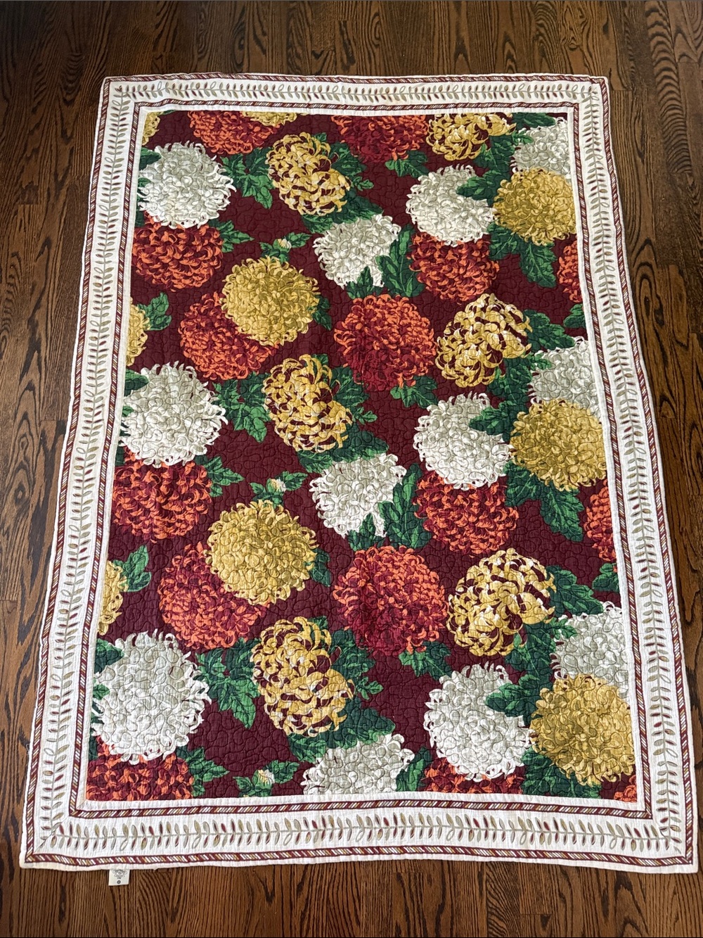 Chrysanthemum Quilted Throw Blanket - Burgundy, Yellow & Green - Picture 6 of 7